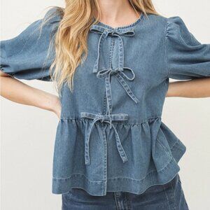 Aaron & Amber Denim Front Bow Tie Peplum Blouse